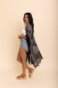 Versatile Kimono Cardigan with Tassels on model - side view