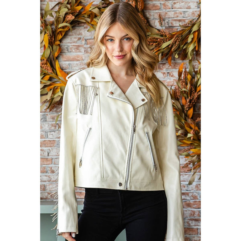 Rhinestone Fringe Faux Leather Moto Jacket