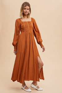 Rust Orange Ruched Bodice Square Neck Maxi Dress