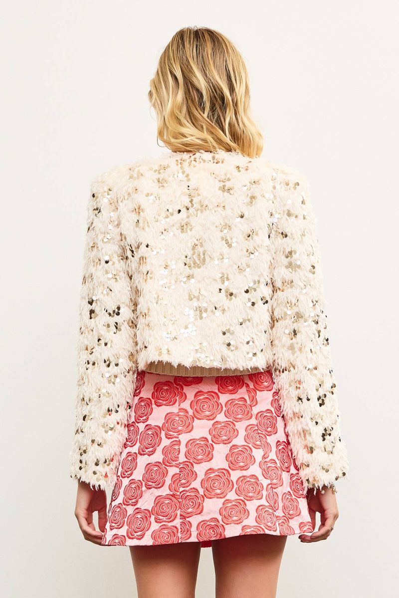 Sequin and Faux Feather Hook and Eye Close Crop Jacket