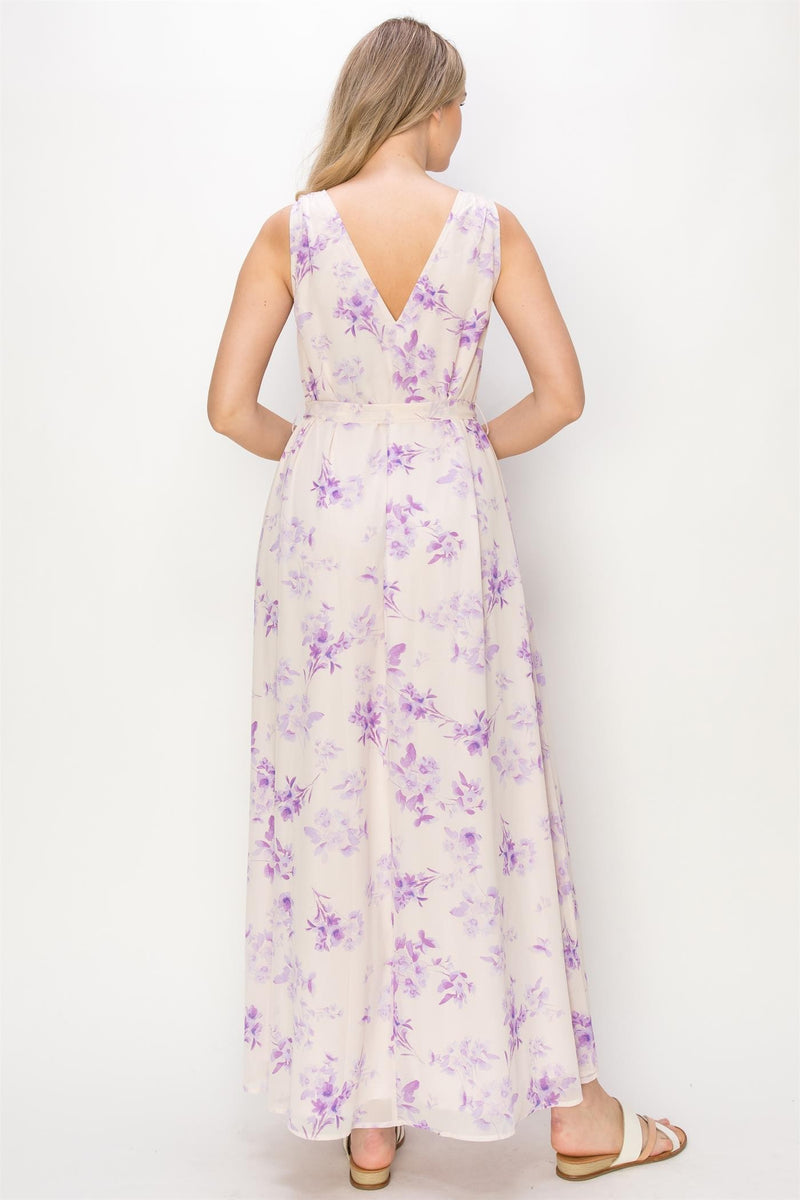 White and Purple Floral Printed Maxi Dress