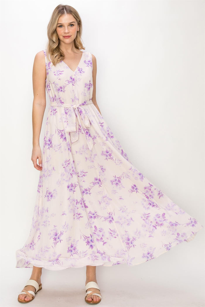 White and Purple Floral Printed Maxi Dress