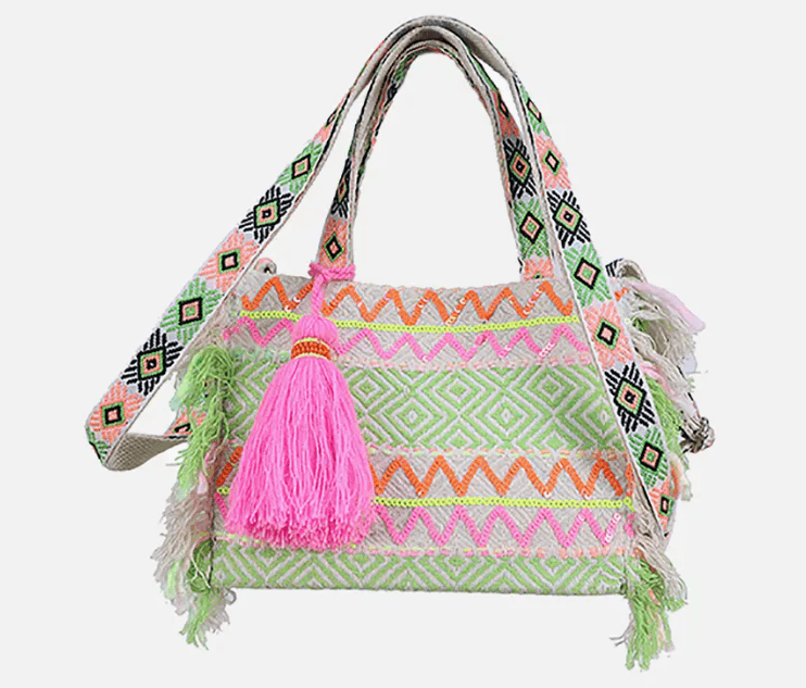 Gwenyth Boho Striped Tote w/ Fringe and Tassels