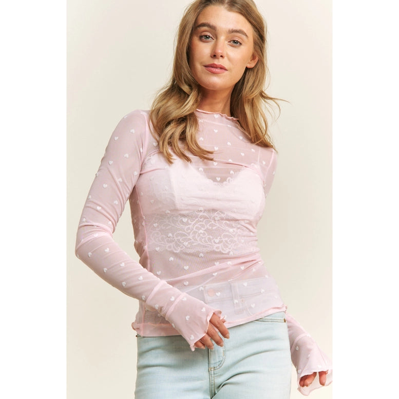 Mesh Heart Flocking High Neck Top