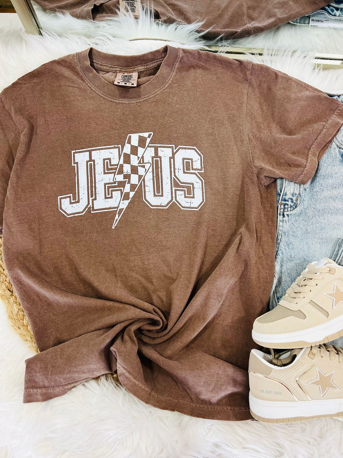 Espresso Jesus Checkered Lightening Bolt Graphic Tee