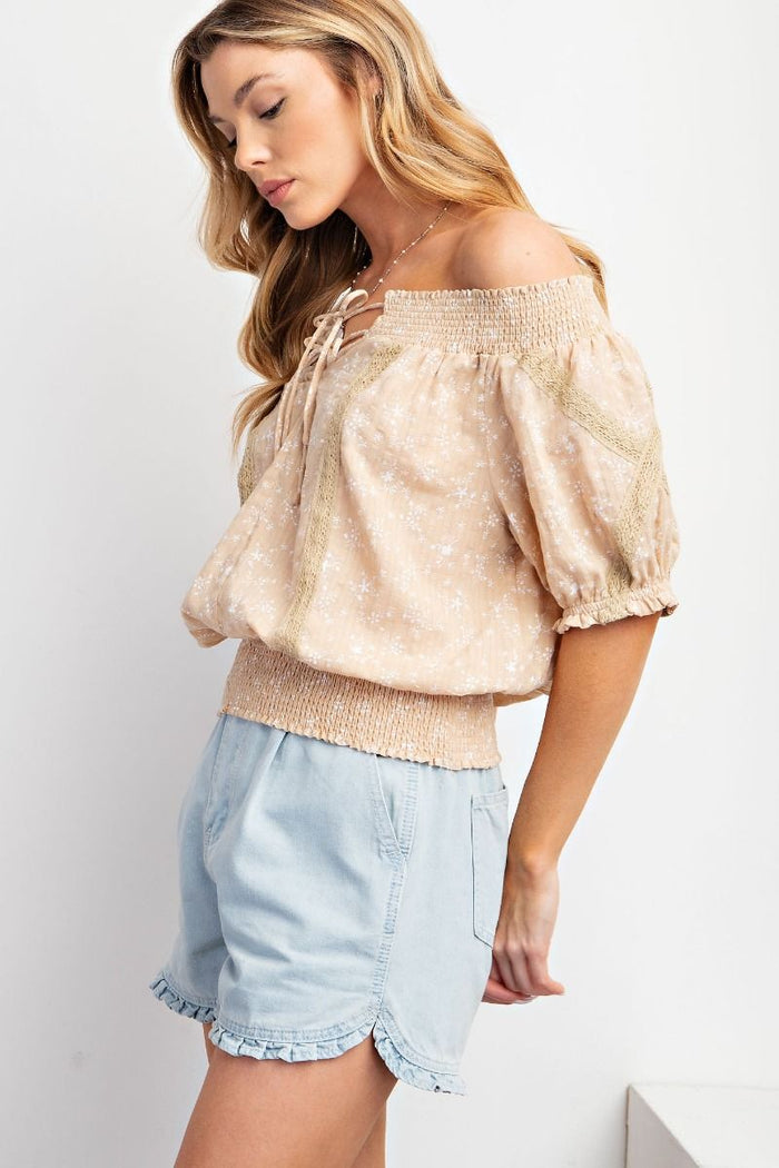 Keyhole Off Shoulder Smocked Waist Khaki Floral Blouse