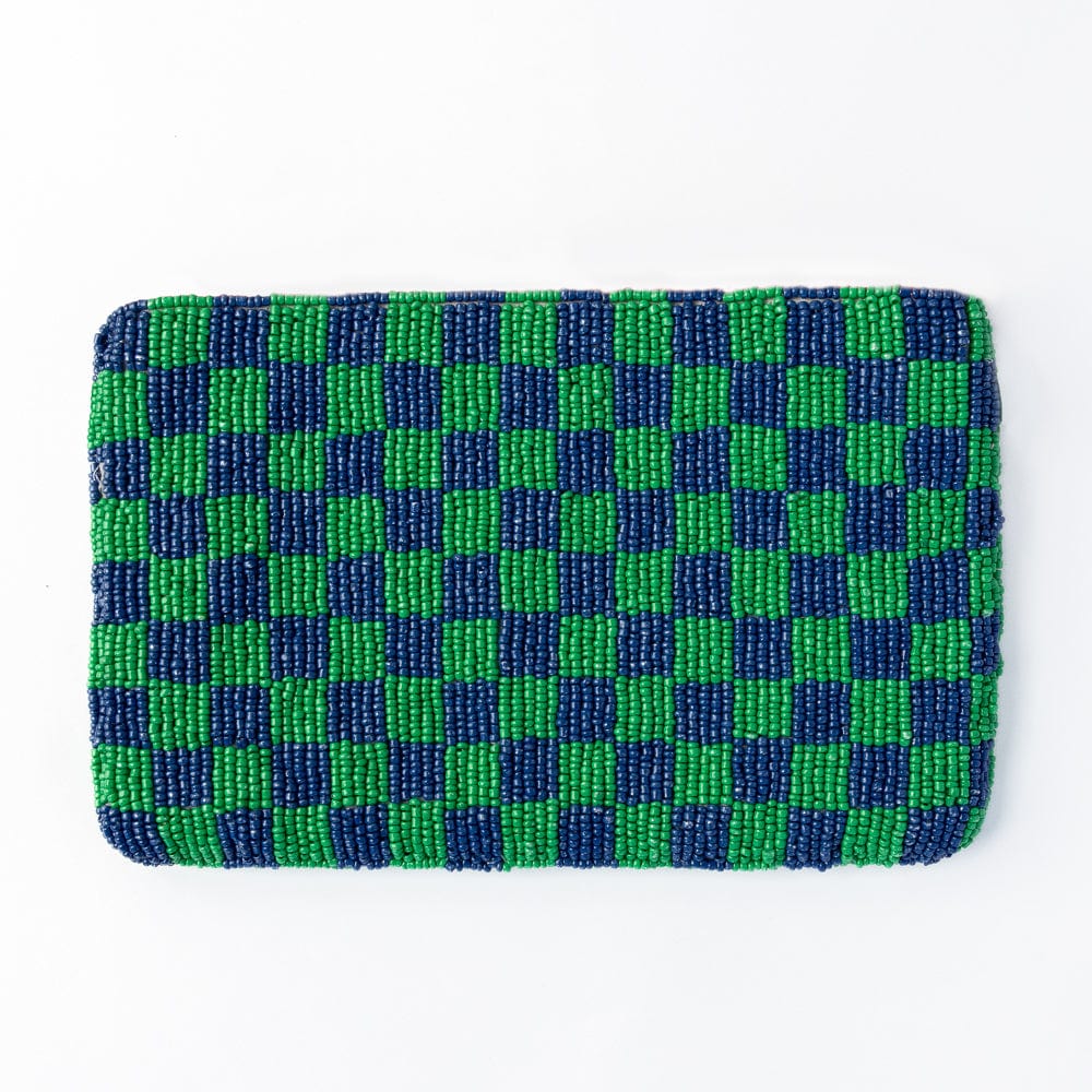 The back of the beaded clutch, displaying a bold kelly green and navy checkered pattern, intricately handwoven for a stylish and graphic look.