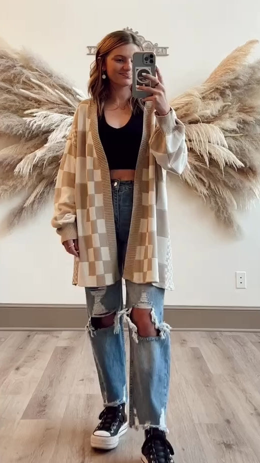 Tan Checkerboard Cardigan