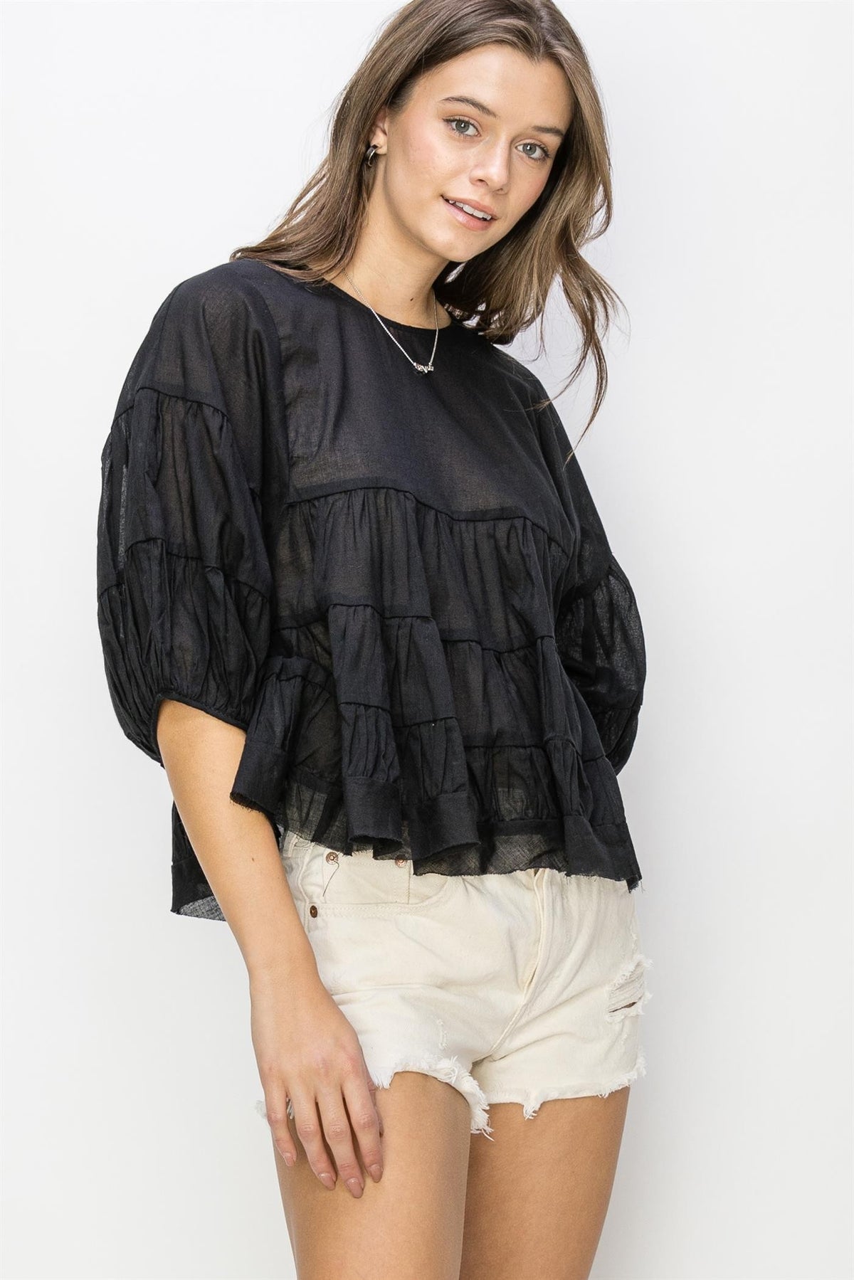 Black Sheer Babydoll Shirt with Balloon Sleeves