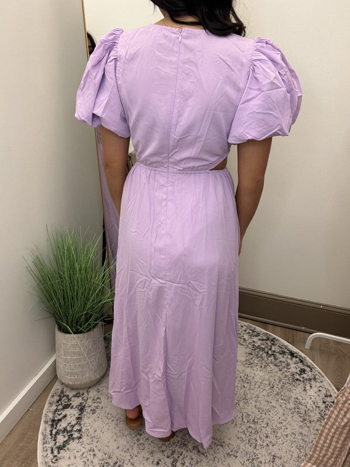 Puff Sleeve Side Cut-Out O-Ring Lavender Dress