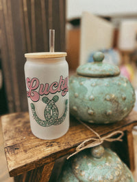 Lucky Frosted Glass w/ Straw and Lid