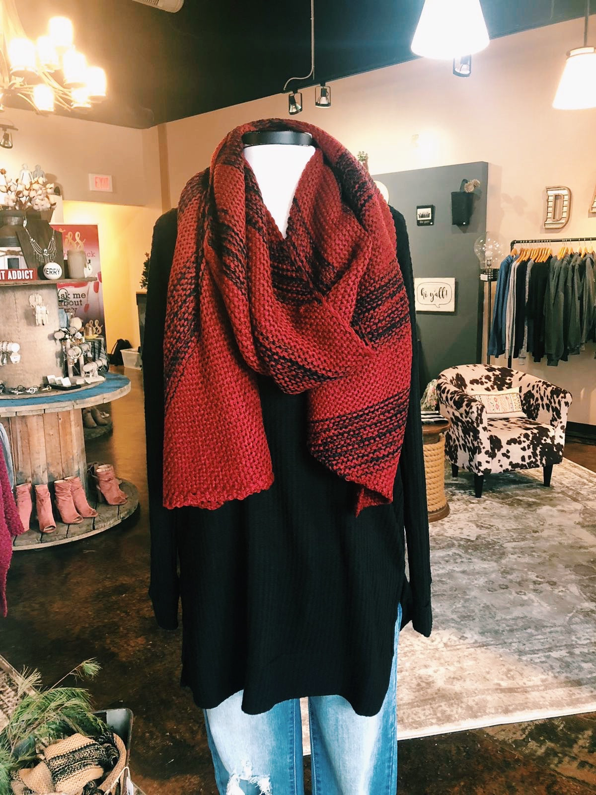 Burgundy and Black Chunky Knit Scarf